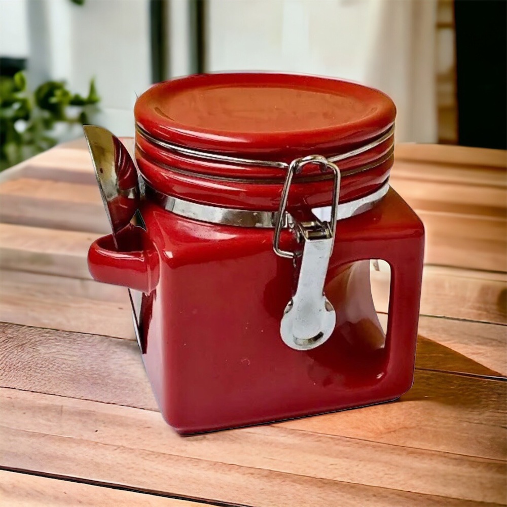 OGGI Red Ceramic Coffee Square Canister Handle & Spoon